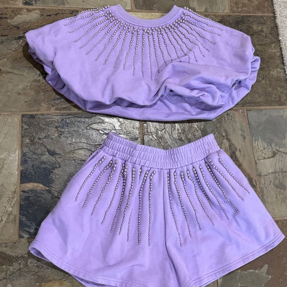 New Queen of Sparkles Pearl Lilac Purple 2 piece Crop Top Shorts Fleece set S XS - Picture 2 of 10